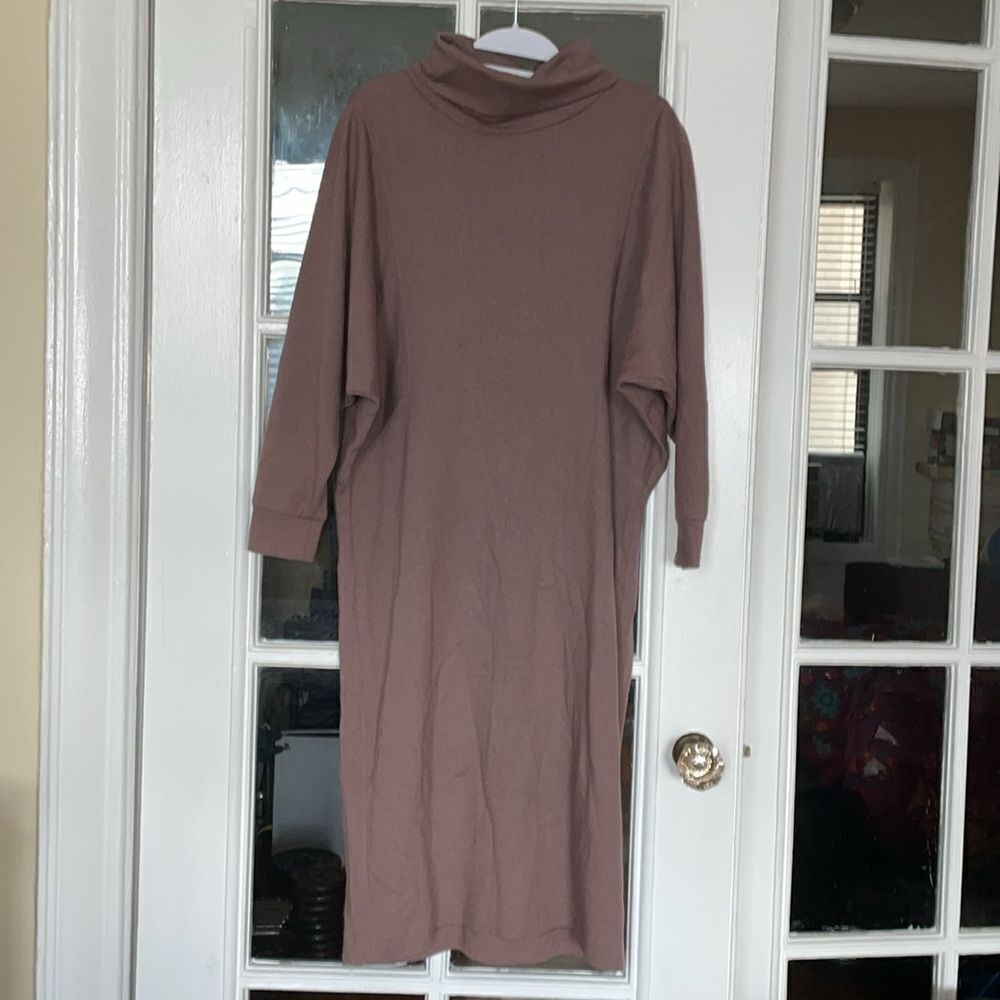 Vintage 70s 80s turtle neck mock long sleeve autumn brown wool dress modest - Picture 2 of 11